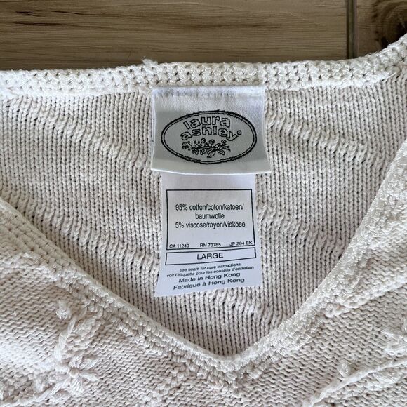 Vintage Laura Ashley Cream Embroidered Floral Cotton Blend Sweater Cottagecore L - Picture 8 of 11